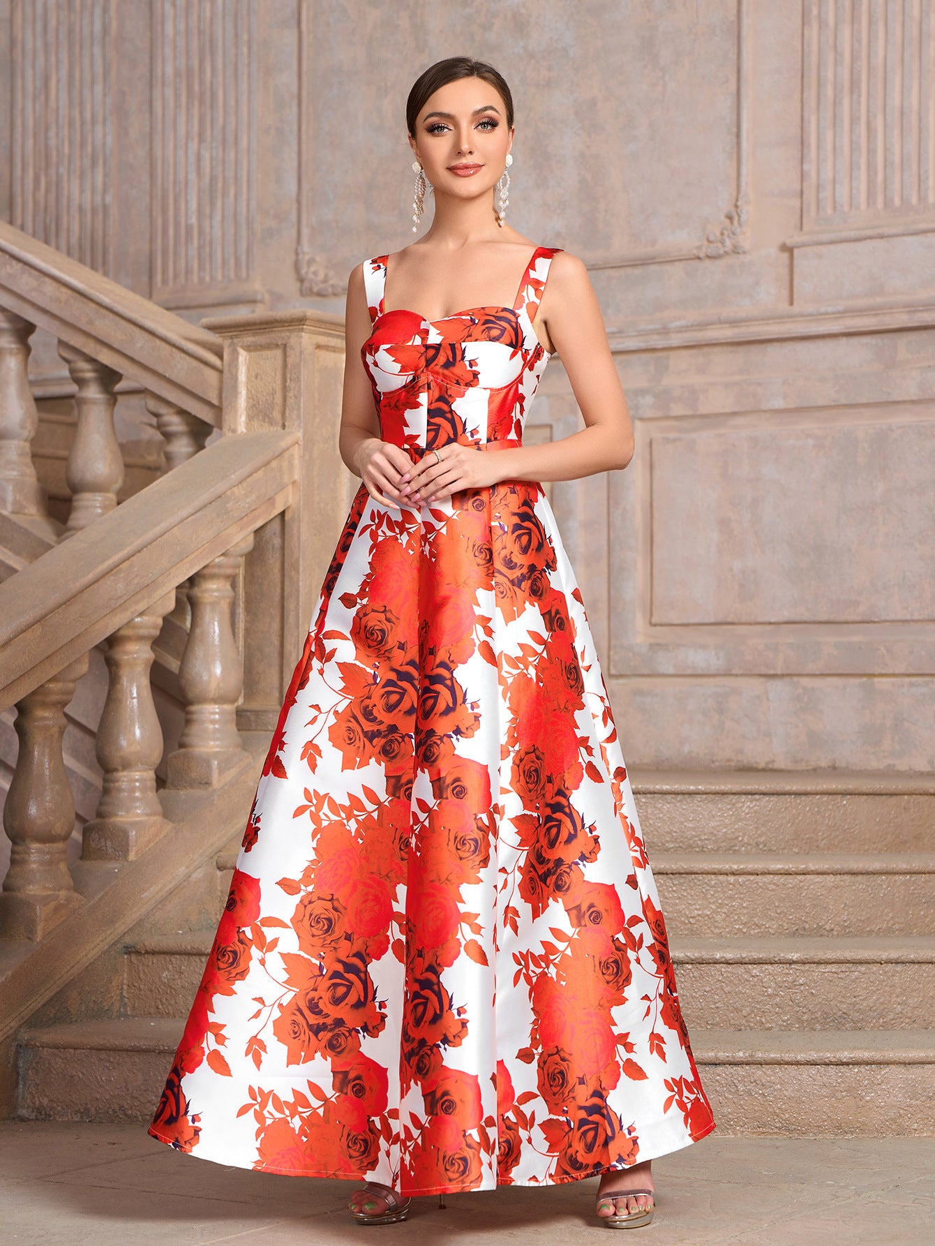 Women red square neck printed dinner dress 6