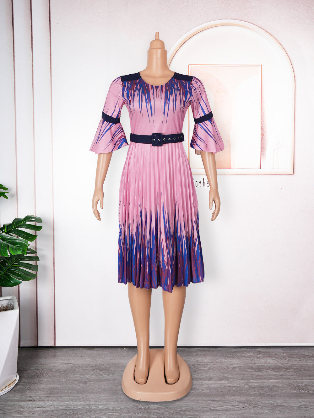 Plus Size African Dress Women High Waist Fashion Round Neck Printed Pleated Dress 16