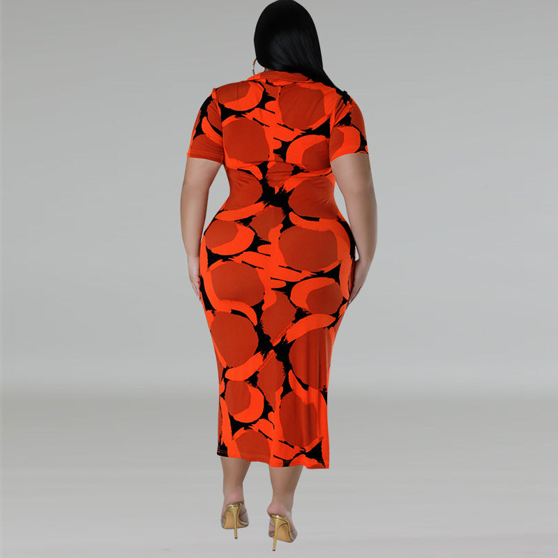 Plus Size Women Button Turndown Collar Short Sleeve Maxi Dress 3