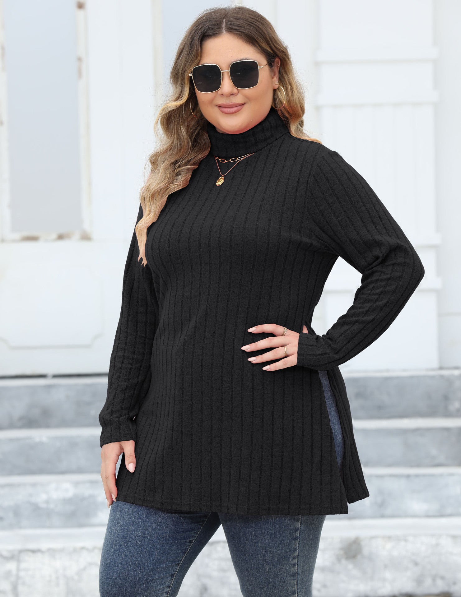 Women's Tops Plus Size Women's Turtleneck Slim Fit Basic Shirt Ribbed Slit Midi T-Shirt 4