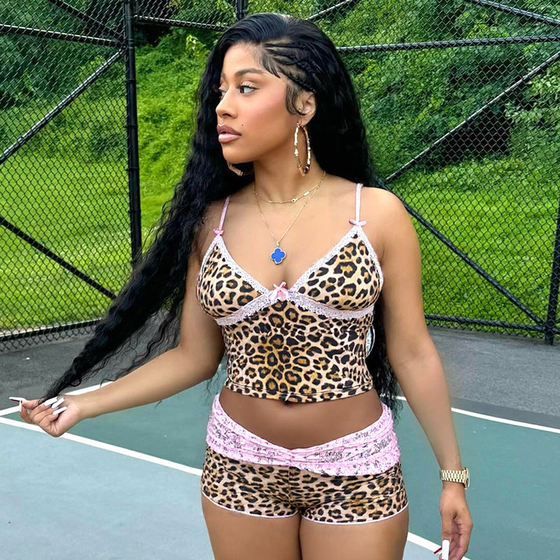 Leopard Print Patchwork Lace Bowknot Strap Top Contrast Color Shorts Two-Piece Set 9