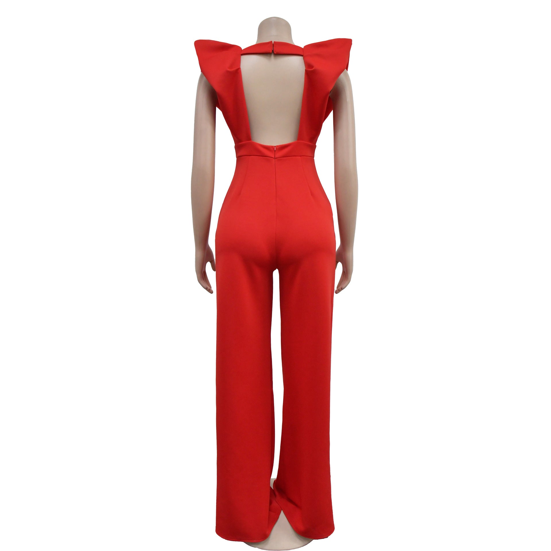 Women Solid Sexy V Neck Pleated Jumpsuit 14