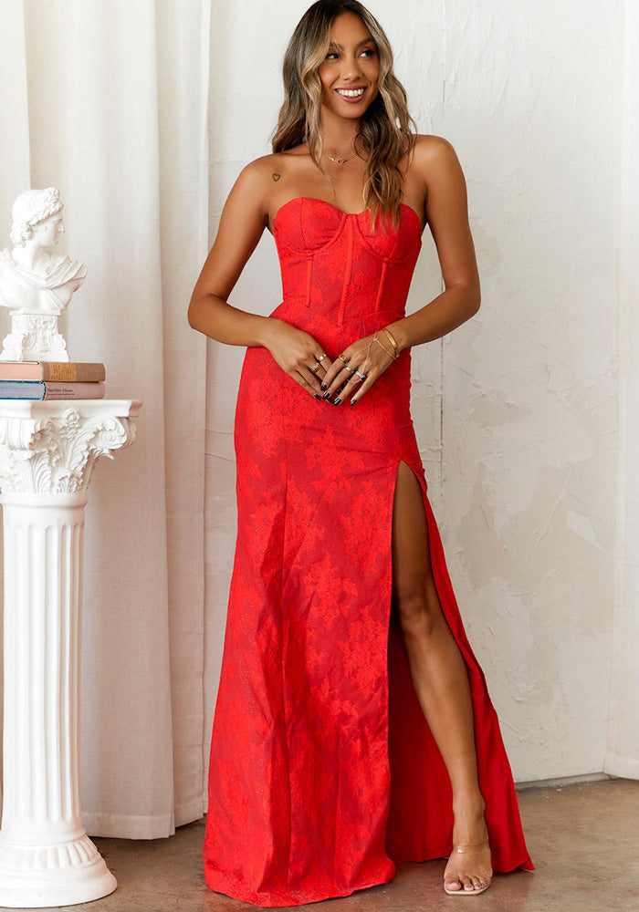 Summer Chic Strapless  Low Back High Slit Evening Dress