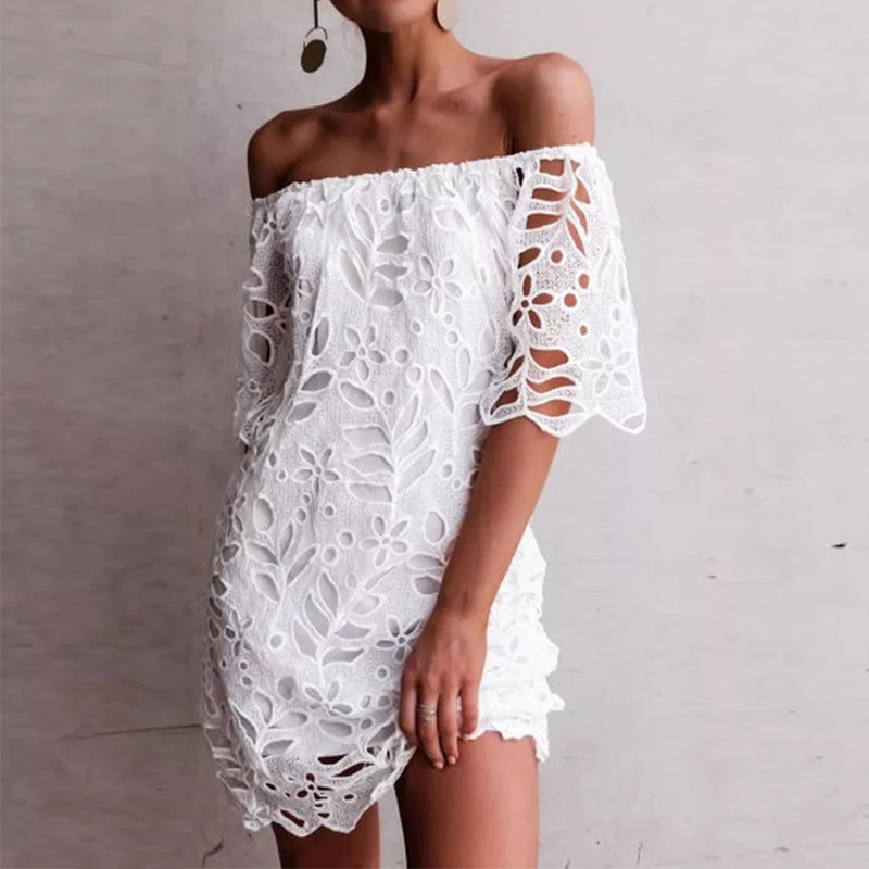 Spring Summer Solid Color Lace Half-Sleeve Off Shoulder Fashion Casual Dress