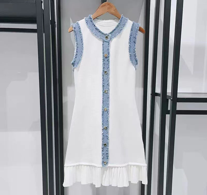 Women's Denim Trim Knit Short Sleeve Sleeveless Dress 8