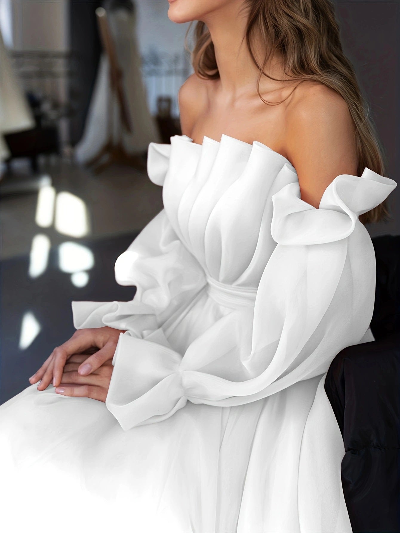 Plus Size Women's Off Shoulder Long Sleeve Solid Color A-Line Party Dress 5