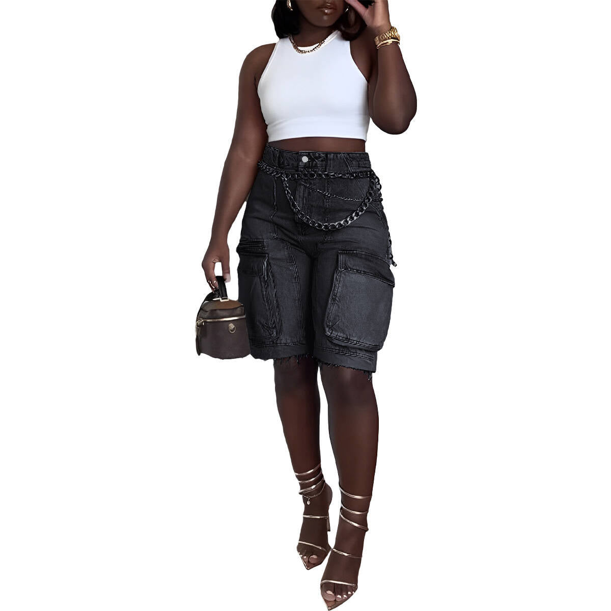 Women Ripped Cargo Denim Pants 4