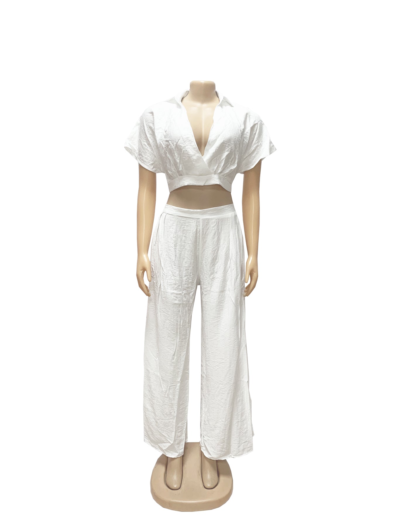 Women Casual Holidays Summer Turndown Collar Short Top & High-Waist Wide-Leg Pants Set 21