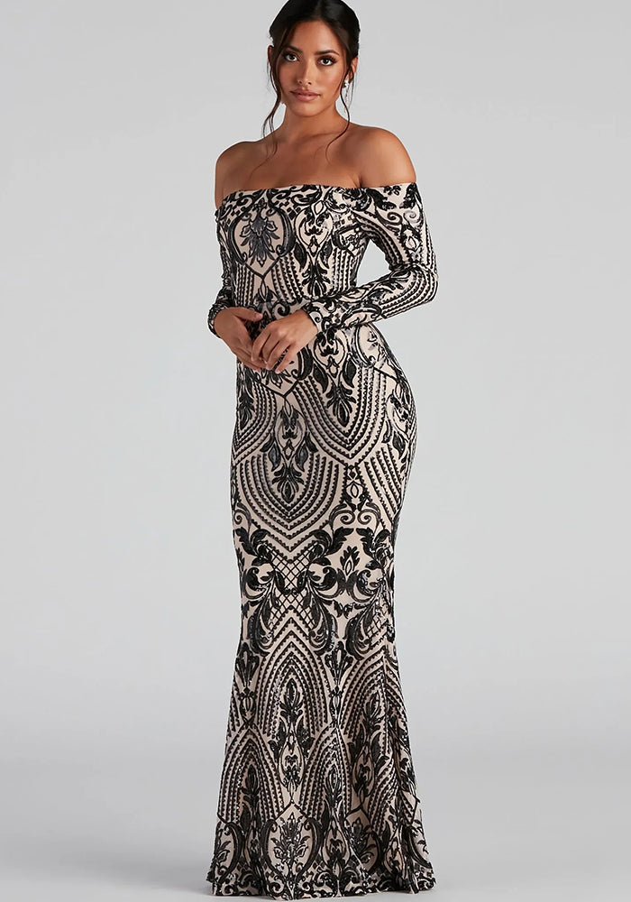 Summer Chic Sequin Sexy Off Shoulder Ormal Party Evening Dress Long Gown