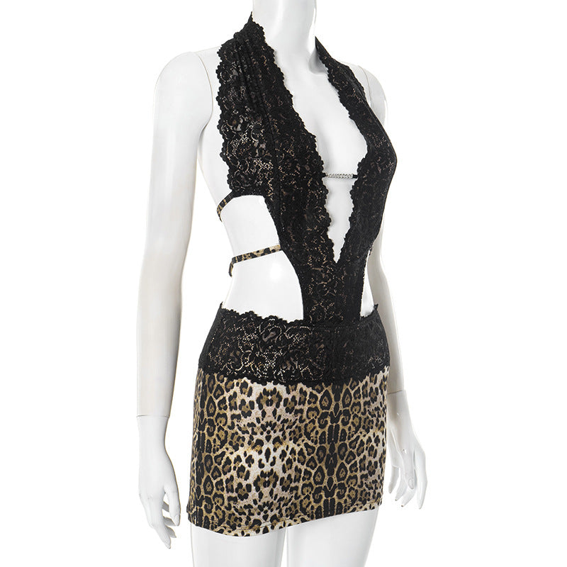 Women Leopard Print Lace Patchwork Backless Bodycon Dress 8