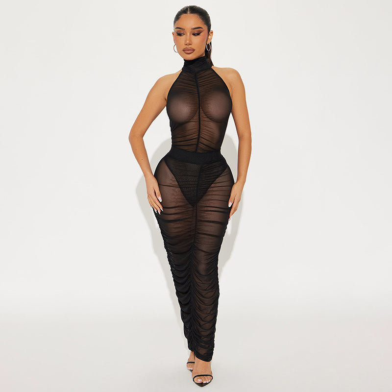 Spring Summer Women's Mesh See-Through Halter Neck Bodysuit Gathered Bodycon Skirt Set 3