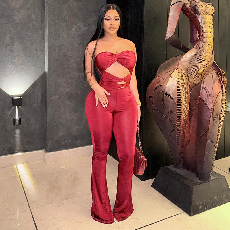 Women's Autumn Solid Color Strapless Sleeveless Hollow-Out Low Back Knot Jumpsuit 5