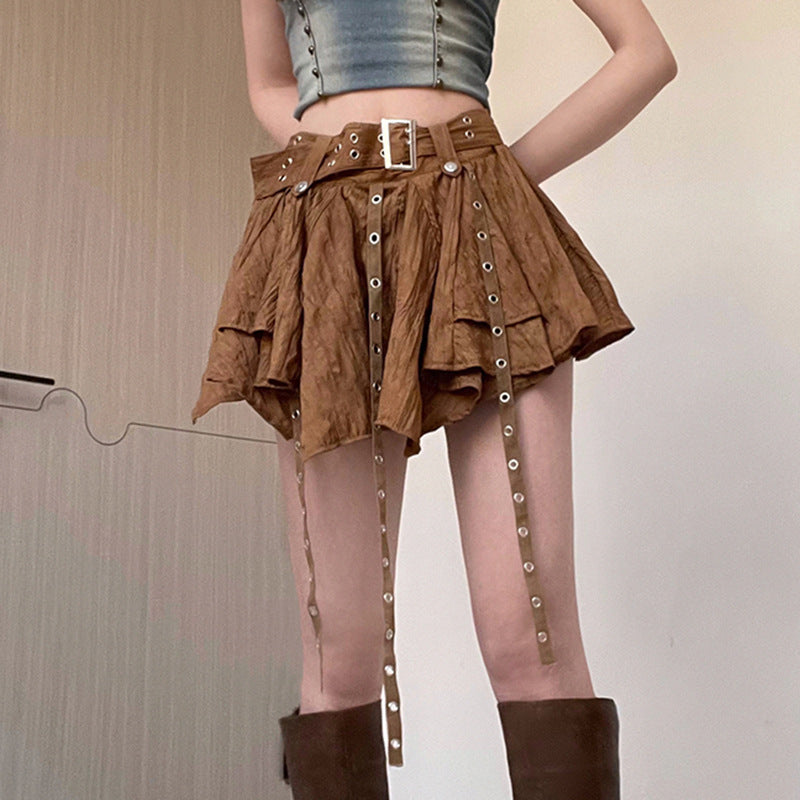 Fashion Low-Waist Metal Buckle Belt Irregular Ribbon Skirt 5