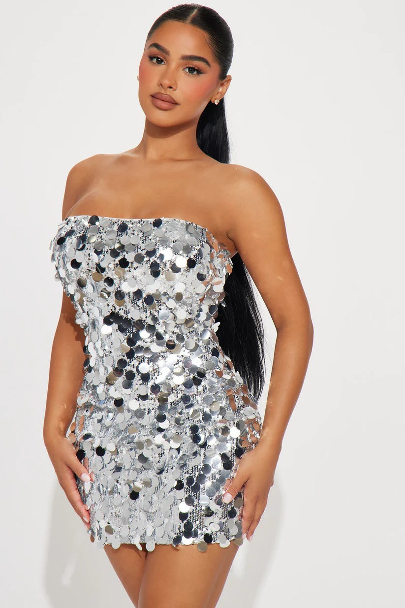 Women autumn solid sleeveless strapless sexy sequin bodycon dress