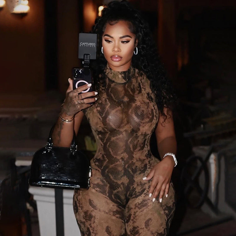 Summer Women sexy backless print see-through mesh jumpsuit 20