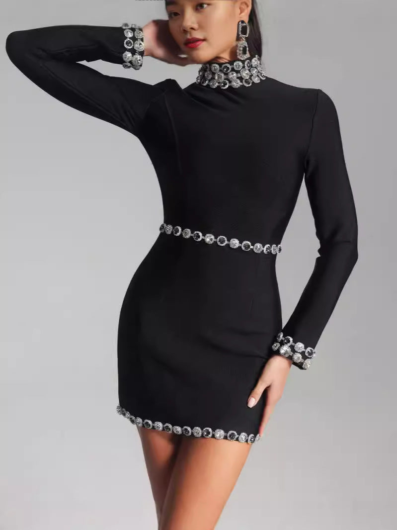 Sexy Fashion Slim Long Sleeve Bandage Beaded Women's Short Dress 4