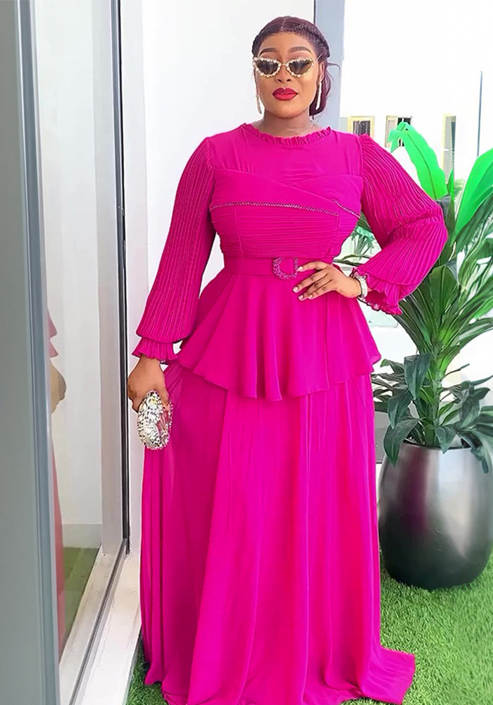 Plus Size African Women ruffle patchwork pleated long-sleeved dress