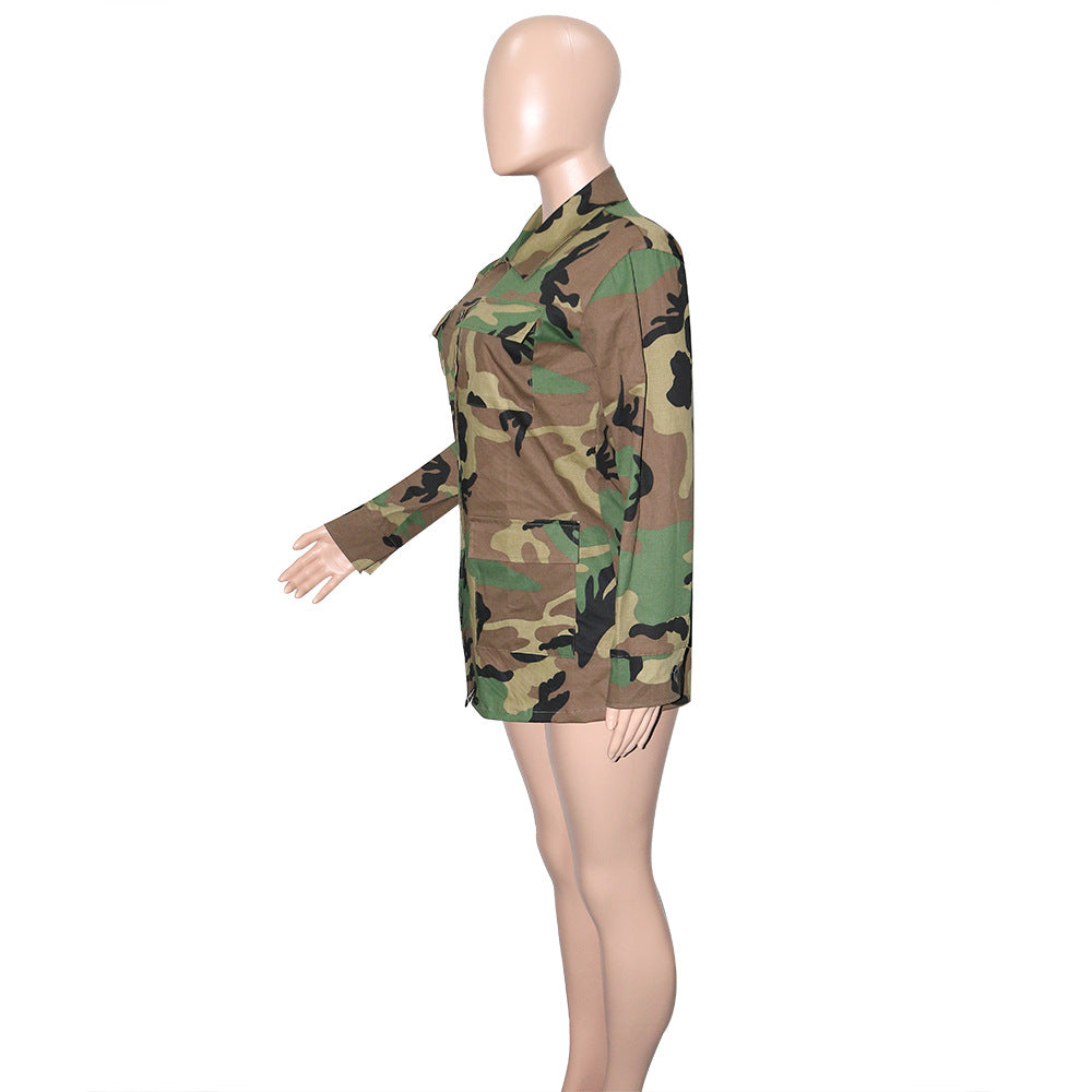 Women Casual Camouflage Print Oversized Turndown Collar Jacket 10