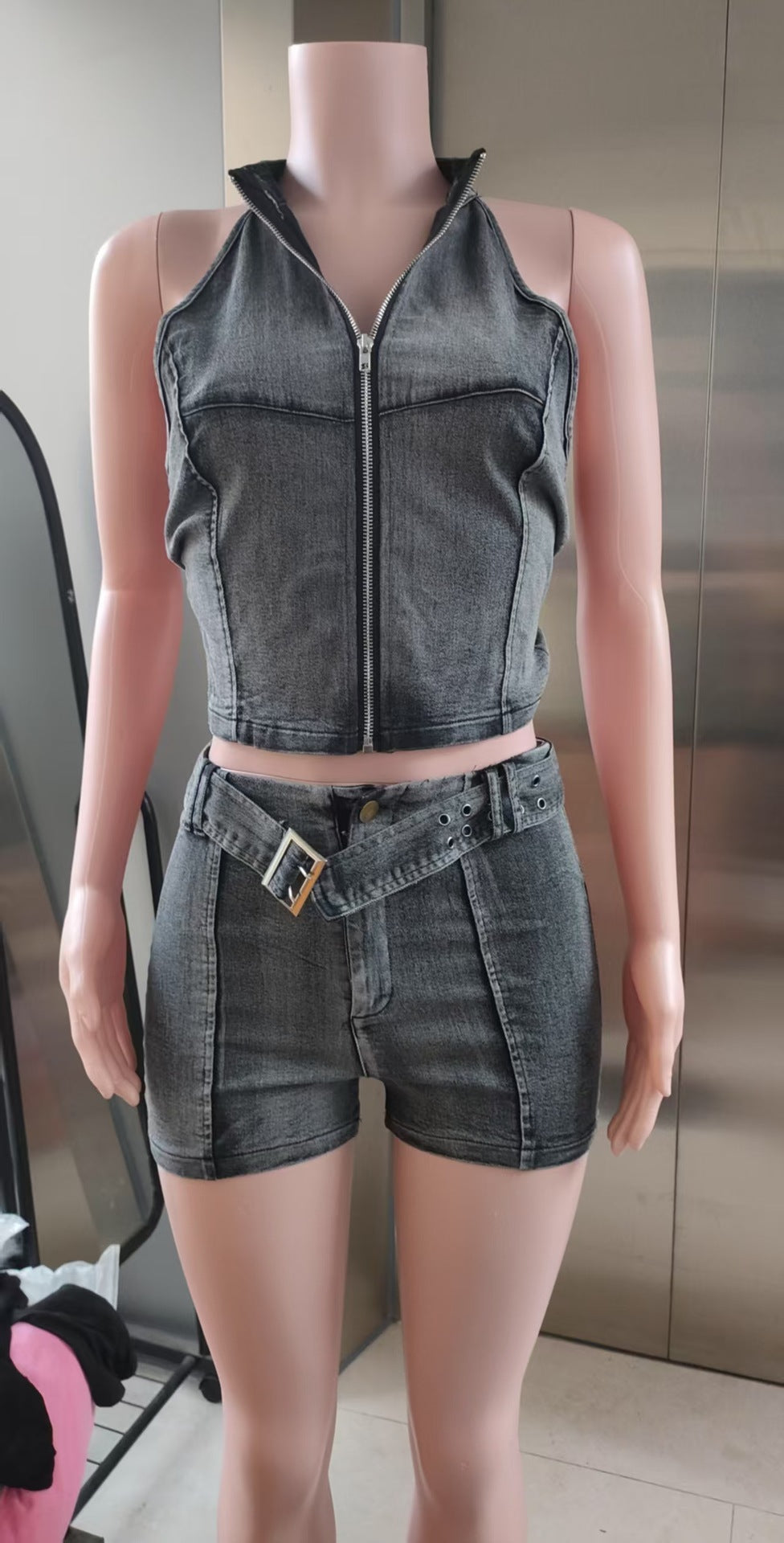 Women Denim Sleeveless Zipper Crop Top and Belt Shorts Two Piece Set 11