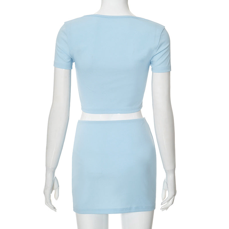 Women Spring Bowknot Hollow Crop Top and Skirt Two Piece Set 8