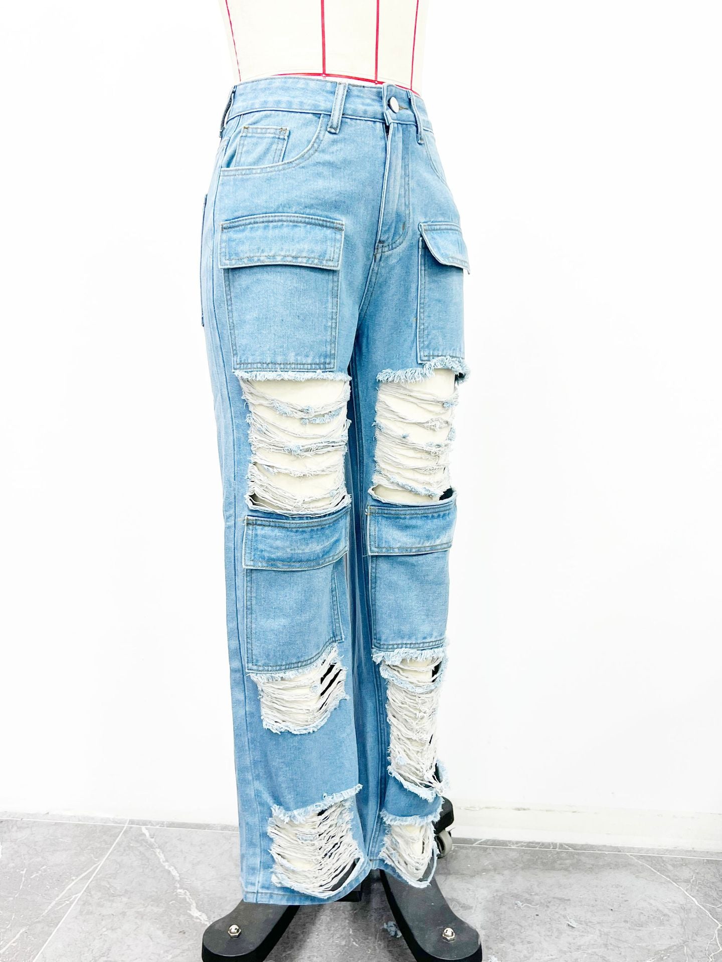 Women Casual Ripped Denim Wide Leg Pants 9