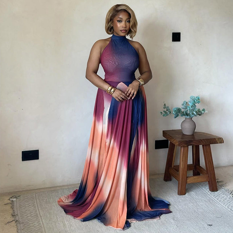 Women gradient pleated Halter neck backless dress 4