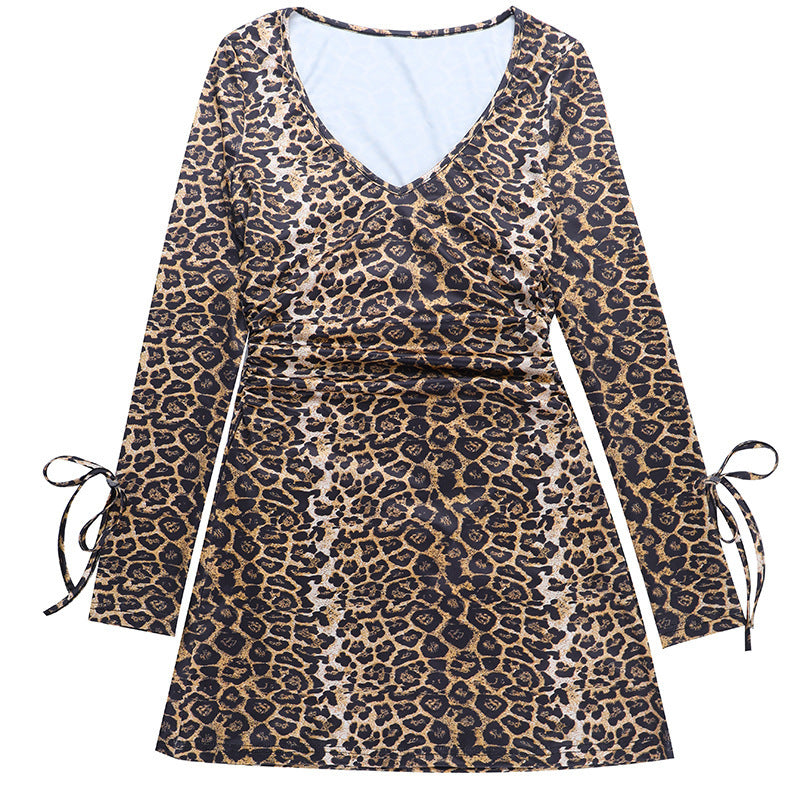 Women Fall V-Neck Leopard Print Crossover Lace-Up Dress 9