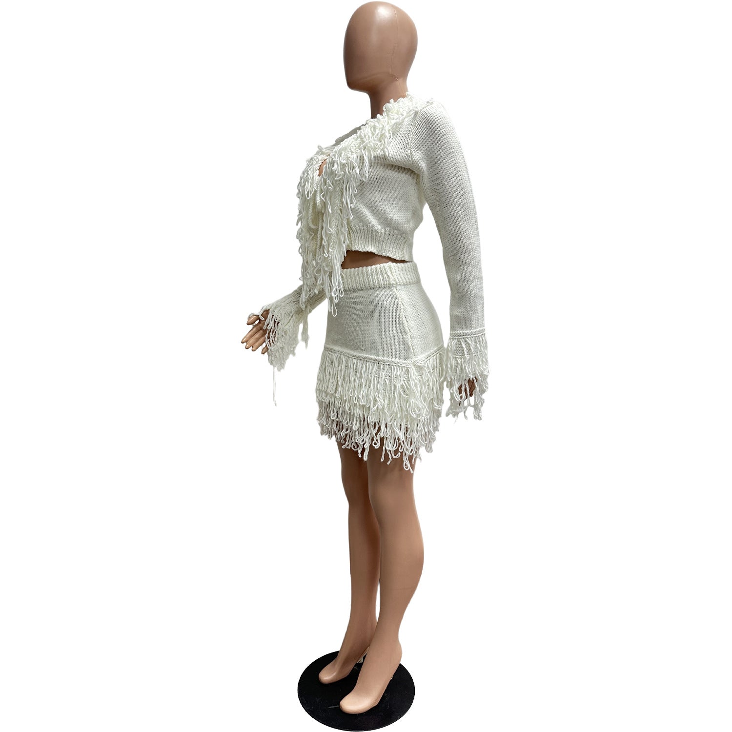 Autumn & Winter Knitted Crochet Fringe Lace-Up Long Sleeve Bodycon Skirt Set 12