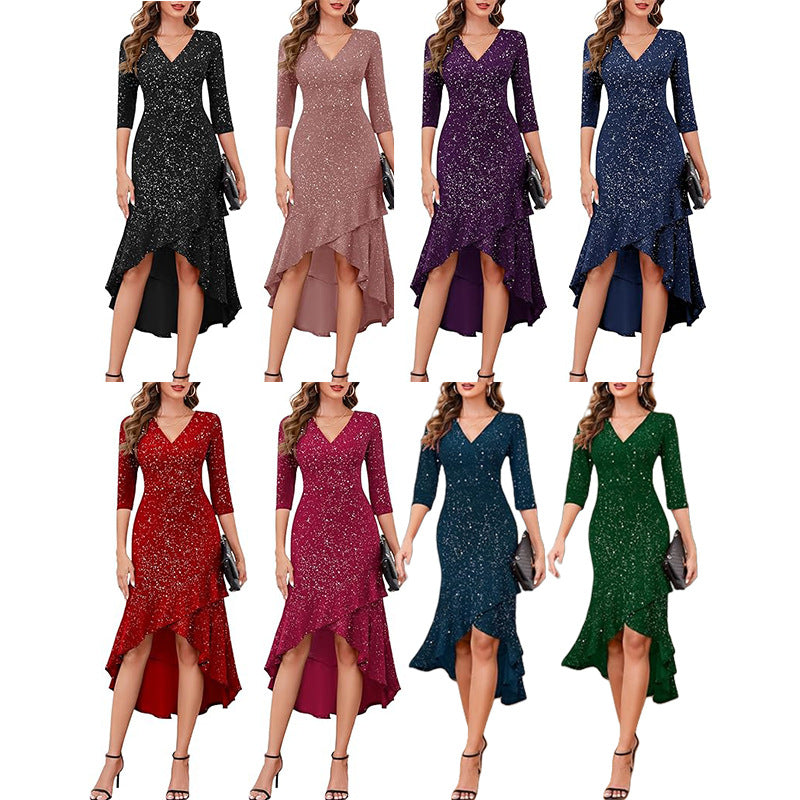 Women's Sequin Cocktail Party Dress Sparkly 3/4 Sleeve uffle High-Low Evening Gown 11