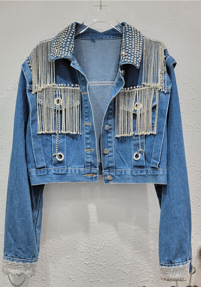 Diamond Tassel Denim Jacket Women's Trendy Spring Loose Long-Sleeved Tops