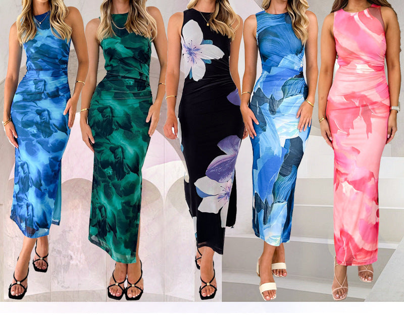 Women's Spring Summer Chic Sexy Printed Sleeveless Slim Waist Slim Long Dress 10