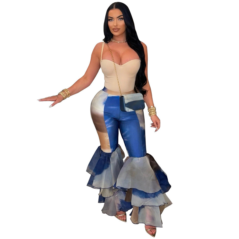 Women's Tie-dye Print Bell Bottom Pants Ruffled trousers 9