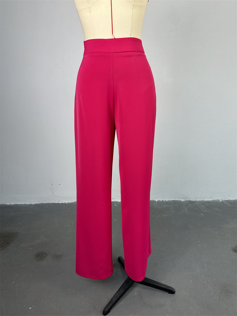 Women's Summer Stand Collar Buttoned Sleeveless Slim Waist Belt Top Wide Leg Pants Two Piece Set 19