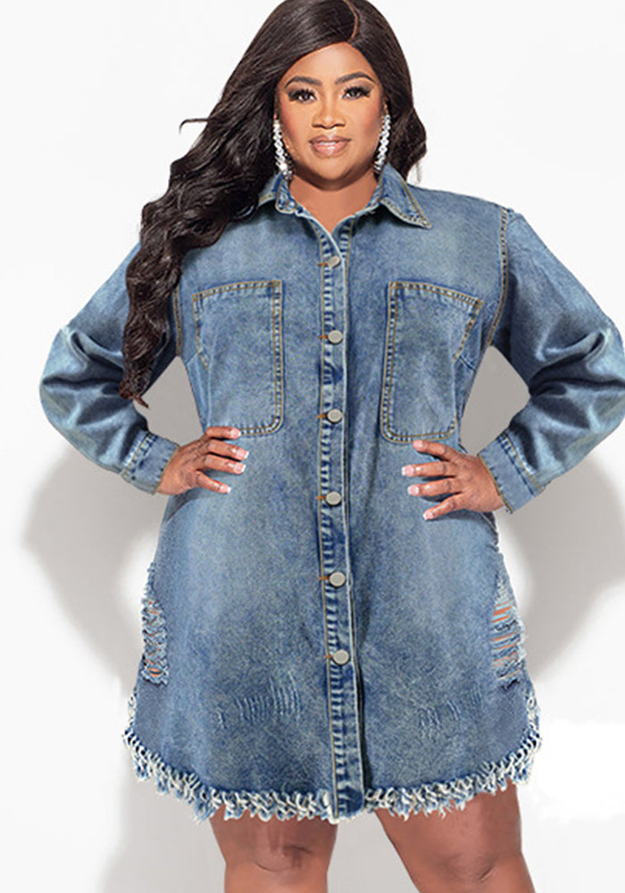 Plus Size Women Tassel Ripped Long Sleeve Dress