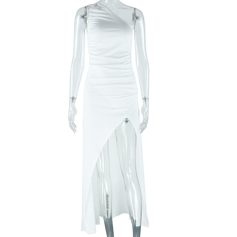 Women Solid Slash Shoulder One-Shoulder Sleeveless Slit Pleated Sexy Dress 10