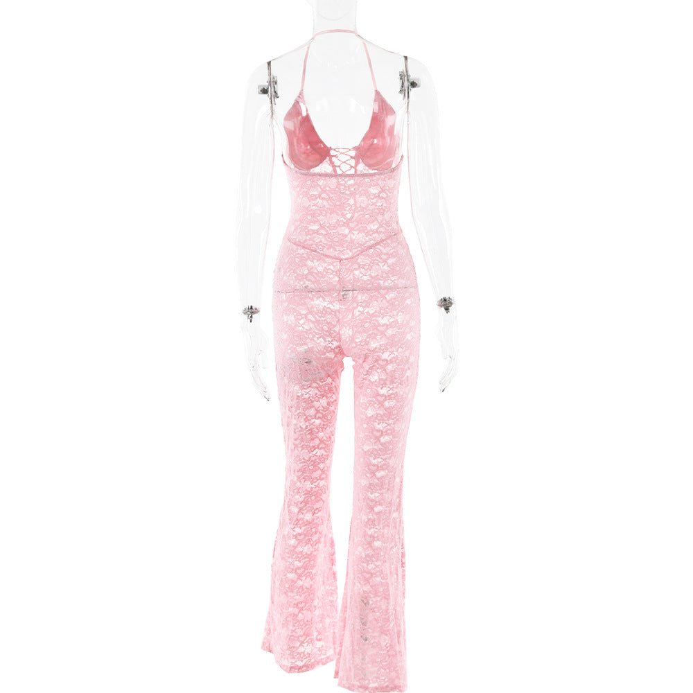 Spring Sexy Fashion See-Through Hollow Lace Low Back Halter Neck Slim Women's Summer Jumpsuit 9