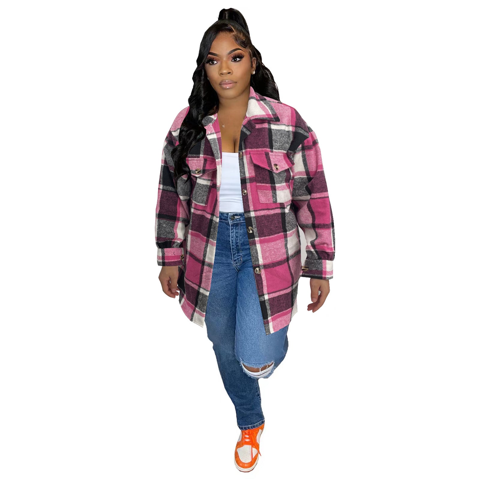 Women Autumn and Winter Loose Plaid Shirt 4