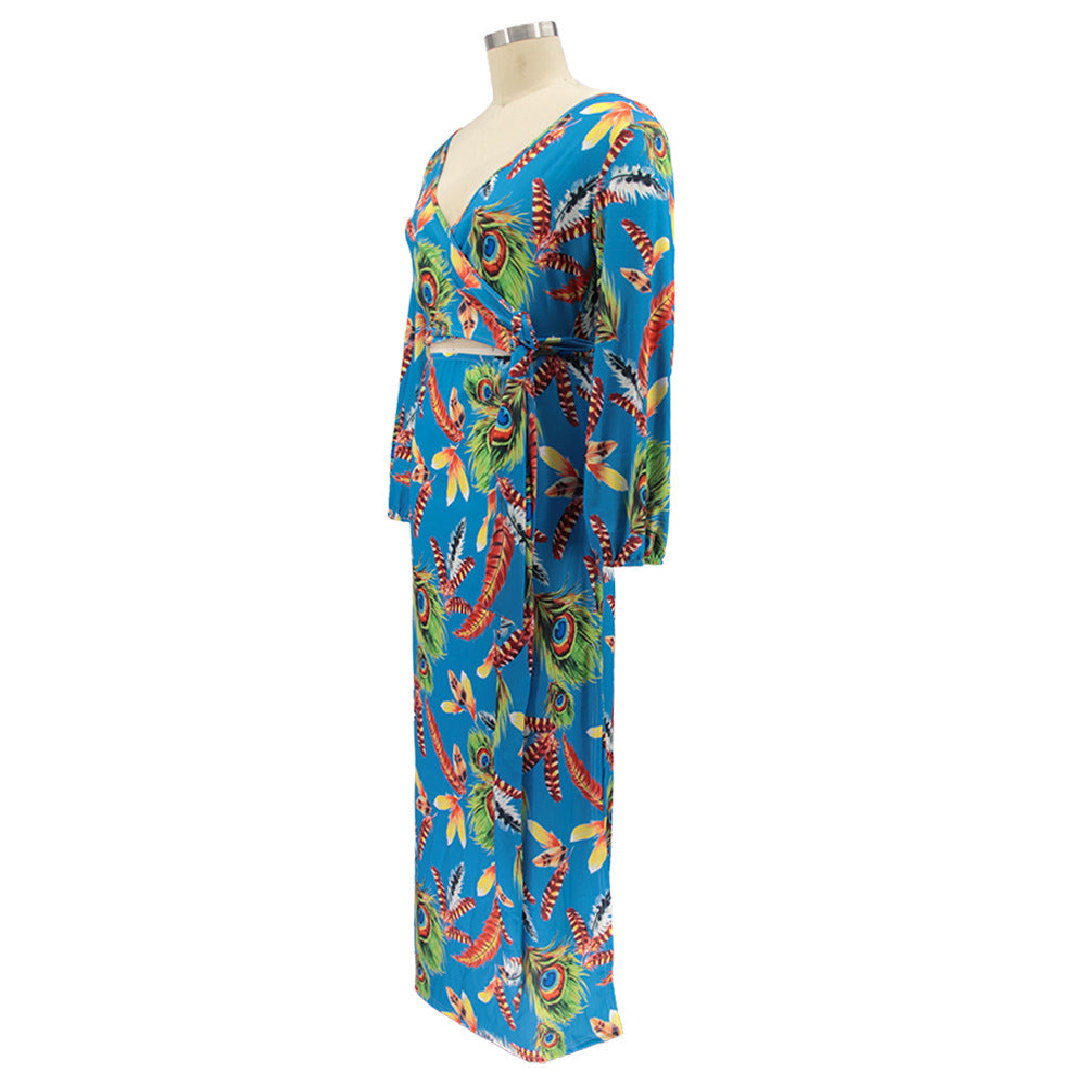 Plus Size Women Feather Print Sexy Slit Dress 21