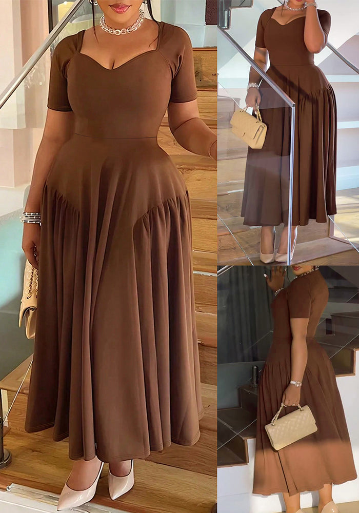 Spring Summer Women's Fashion Elegant Short Sleeve Slim Waist A-Line Plus Size Dress