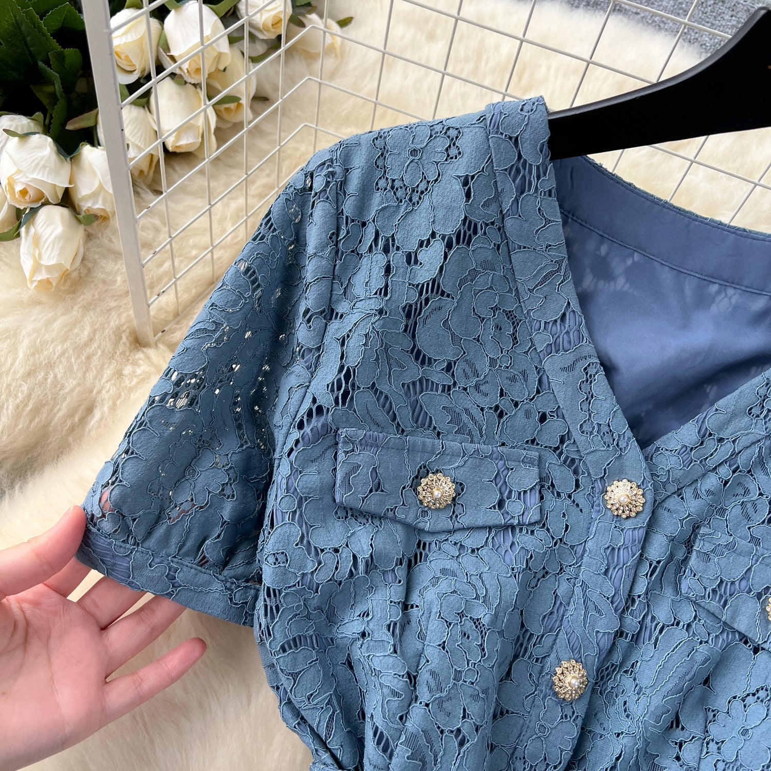 Women French V-Neck Metal Buttoned Mesh Patchwork Lace Ruffle Dress 9