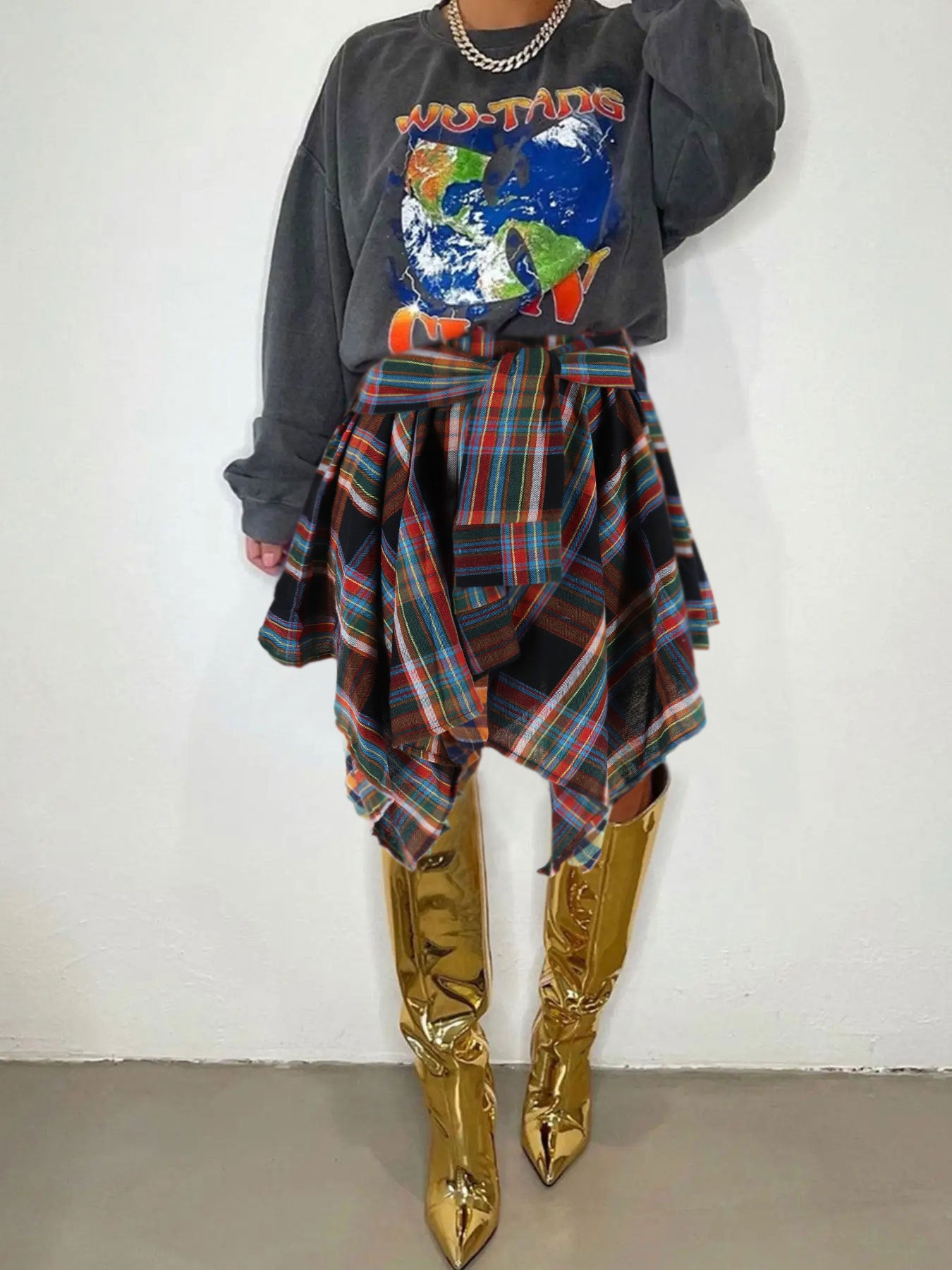 Women Style Patchwork Irregular Plaid Skirt