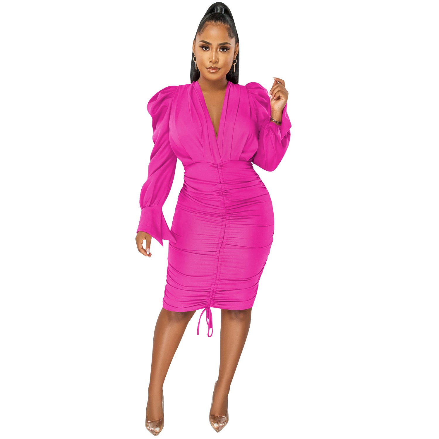 Women Casual Solid Long Sleeve Pleated V-Neck Dress 5