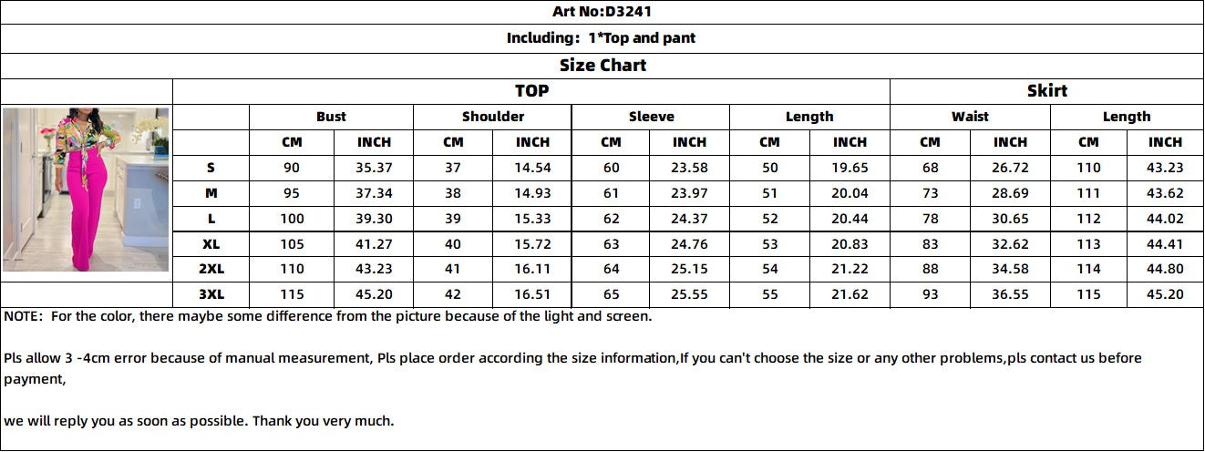 Women's Set Autumn Print Turndown Collar Long Sleeve Shirt Top Wide Leg Pants Two Piece Set 10