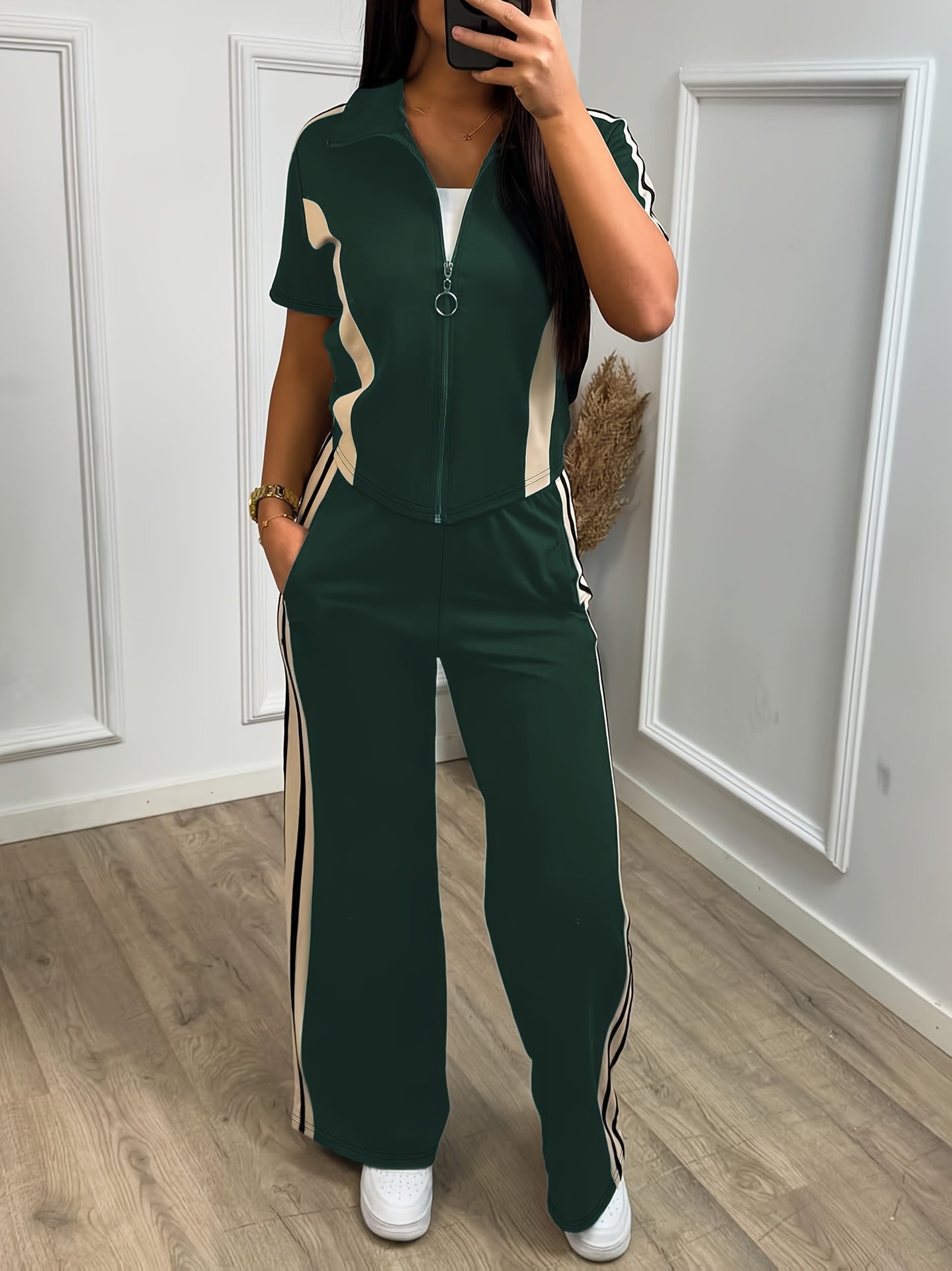 Spring/Summer Women's Casual Zip-Up Short-Sleeve Top & Elastic-Waist Pants Two Piece Set 4