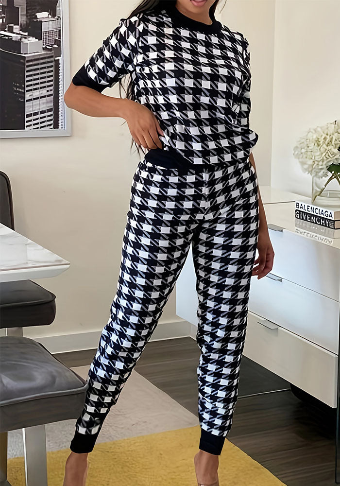 Fashionable Casual Black And White Plaid Sports Two Piece Pants Est