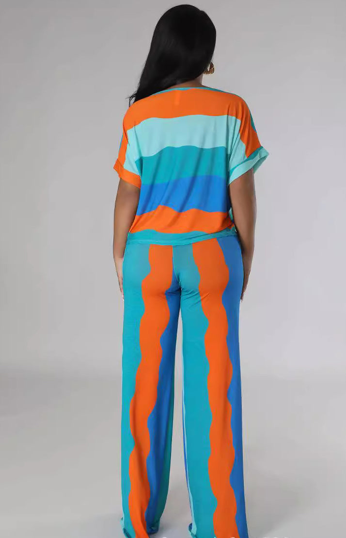 Stripe Printed Short Sleeve Loose Casual Two-Piece Pants Set 5