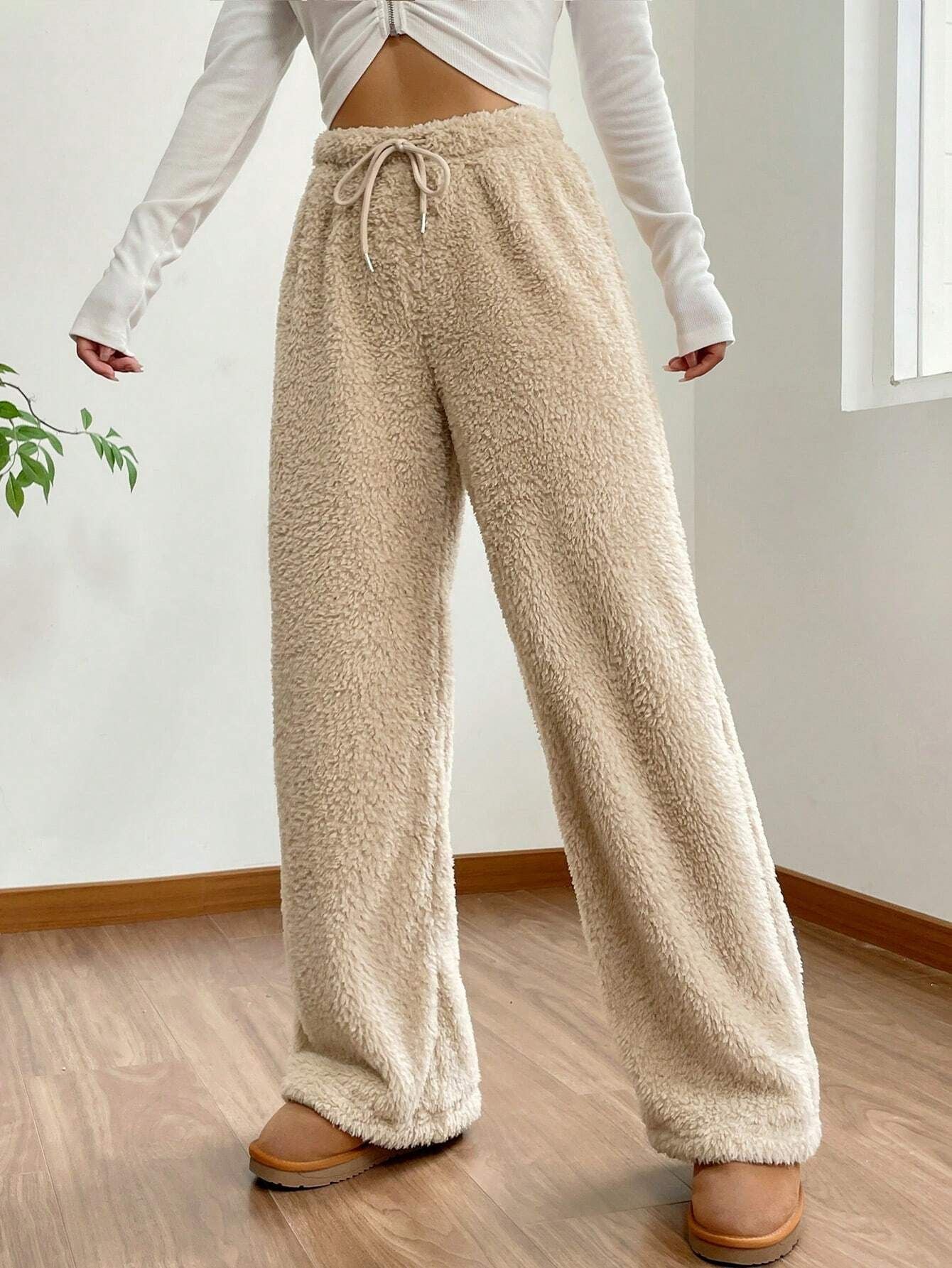 Women Fall and Winter Solid Casual Fleece Pants 3