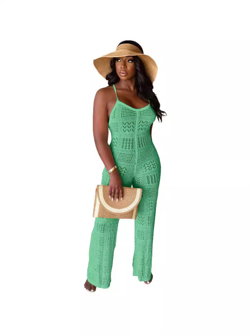 Women solid knitting sexy suspender hollow jumpsuit 7