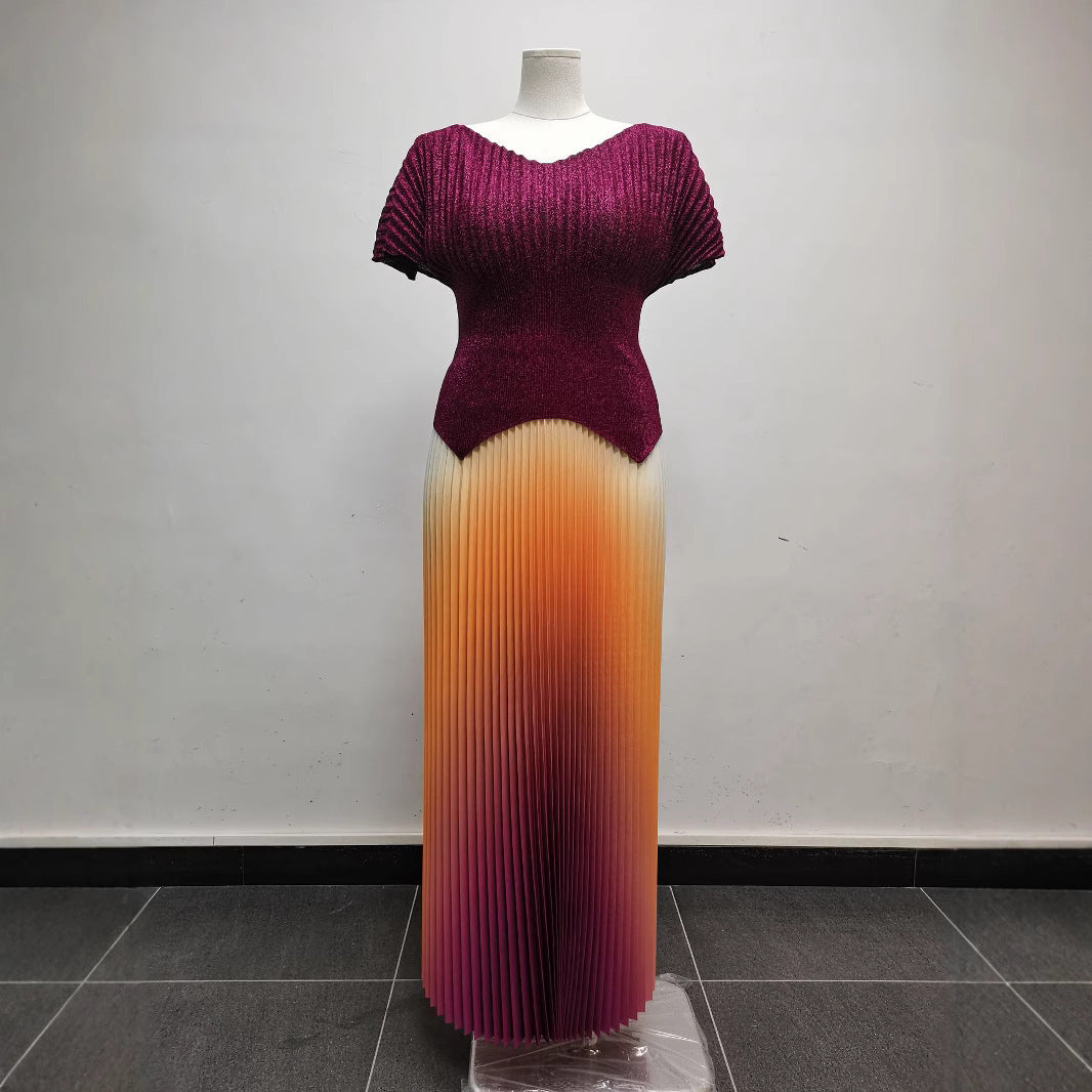 Women pleated v-neck sexy Shiny Top and gradient elegant Skirt two-piece set 13