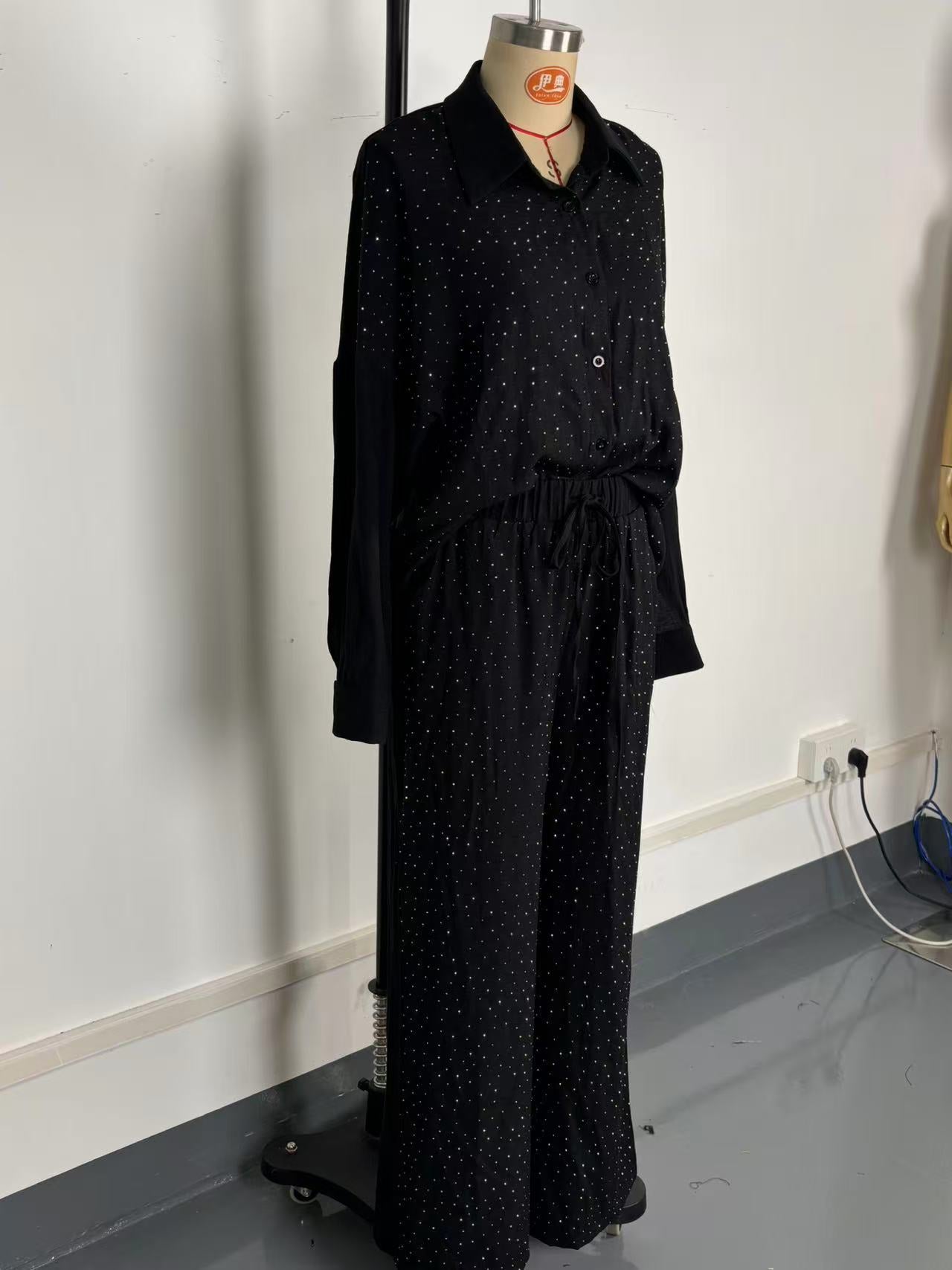 Women's Beaded Star-Embellished Blouse & Drawstring Wide-Leg Pants Set 9